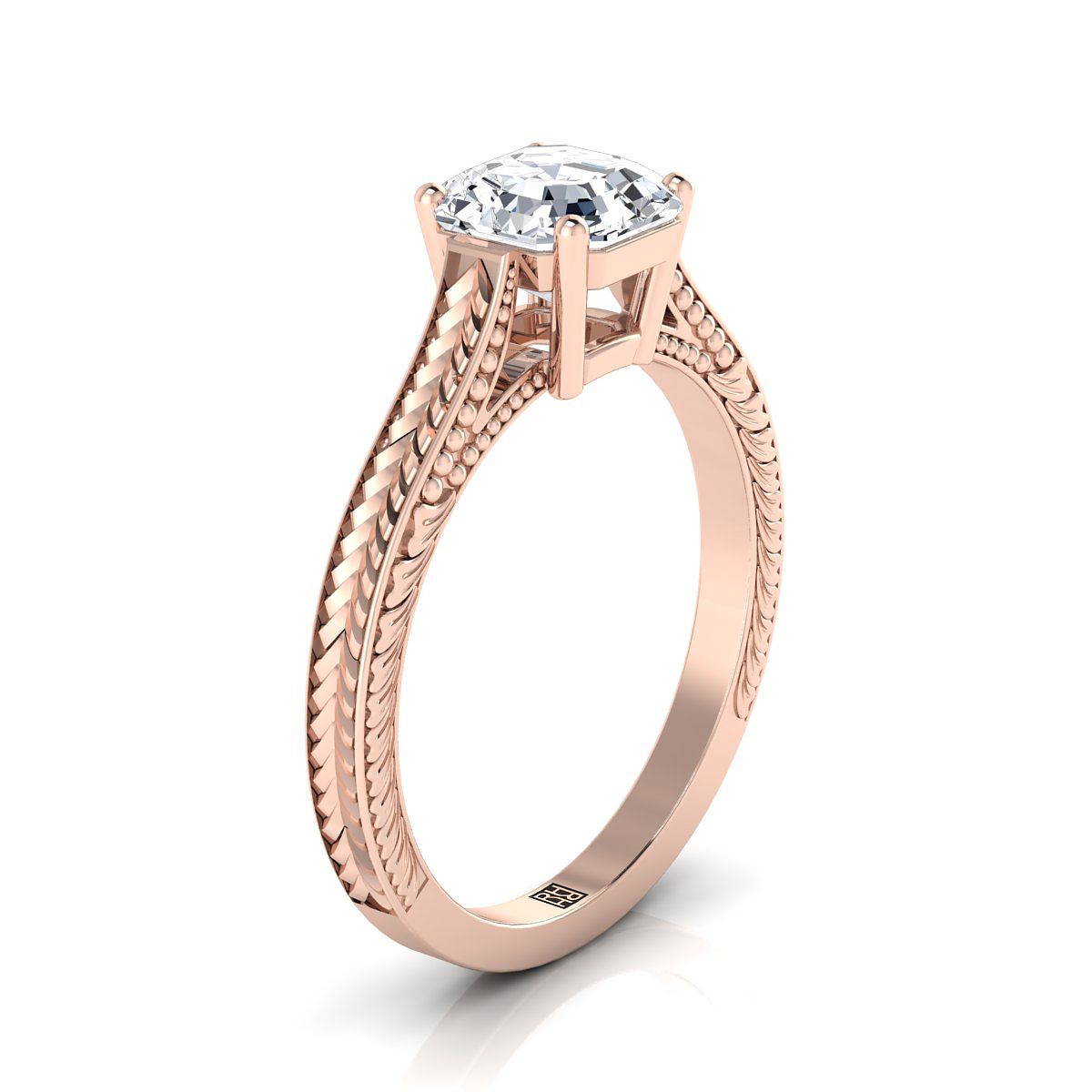 14K Rose Gold Asscher Cut มือแกะสลักแหวนหมั้นเล่นไพ่คนเดียวสไตล์วินเทจสไตล์อาสนวิหาร