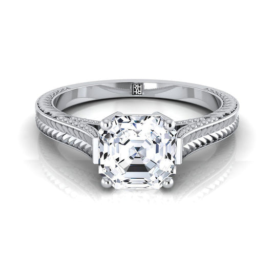 14K White Gold Asscher Cut  Hand Engraved Vintage Cathedral Style Solitaire Engagement Ring