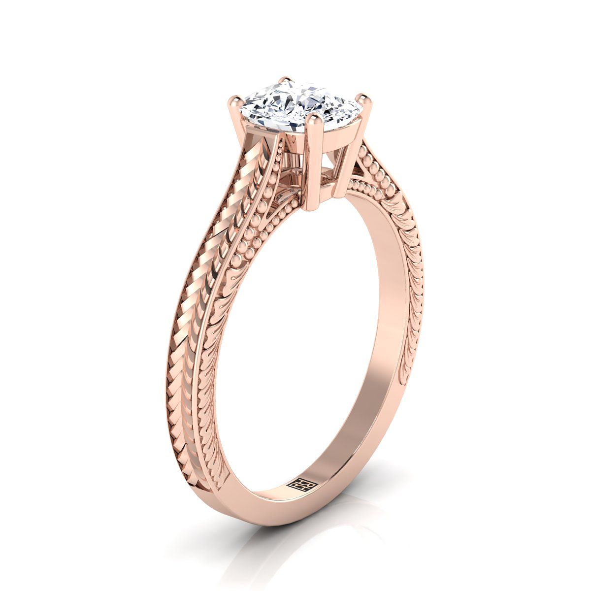 14K Rose Gold Cushion Hand แกะสลักแหวนหมั้นเล่นไพ่คนเดียวสไตล์วินเทจสไตล์อาสนวิหาร