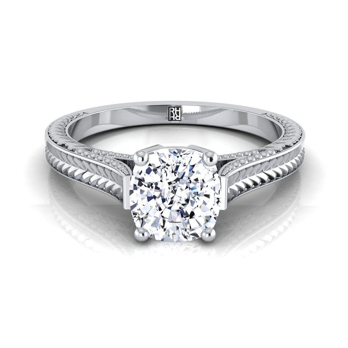 18K White Gold Cushion  Hand Engraved Vintage Cathedral Style Solitaire Engagement Ring
