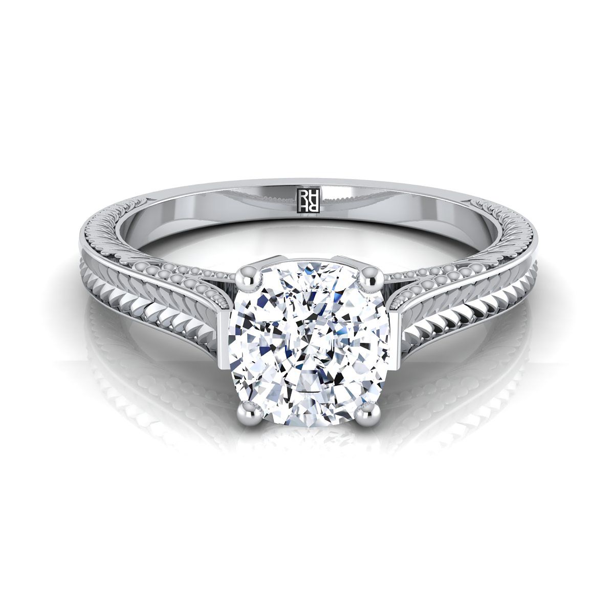 แหวนหมั้นเพชรแท้ 18K White Gold Cushion Hand Grained Vintage Cathedral Style Solitaire