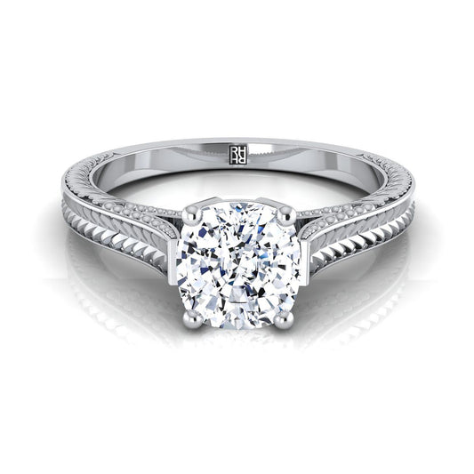 แหวนหมั้นเพชรแท้ 18K White Gold Cushion Hand Grained Vintage Cathedral Style Solitaire