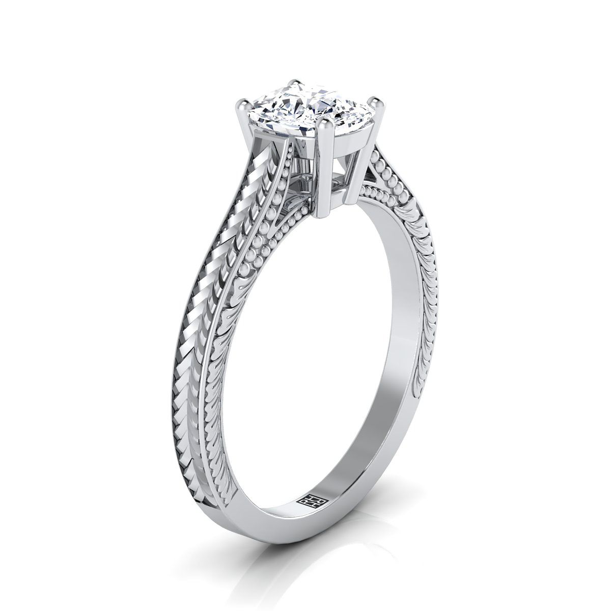 แหวนหมั้นเพชรแท้ 18K White Gold Cushion Hand Grained Vintage Cathedral Style Solitaire