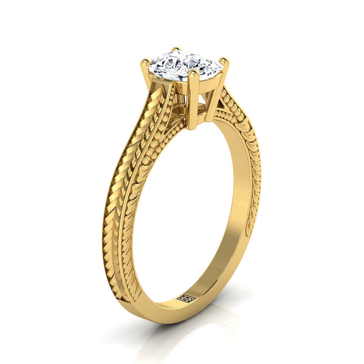 14K Yellow Gold Cushion  Hand Engraved Vintage Cathedral Style Solitaire Engagement Ring