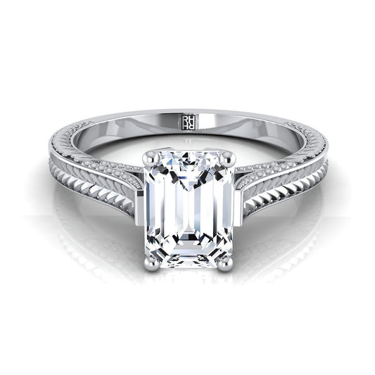 18K White Gold Emerald Cut  Hand Engraved Vintage Cathedral Style Solitaire Engagement Ring