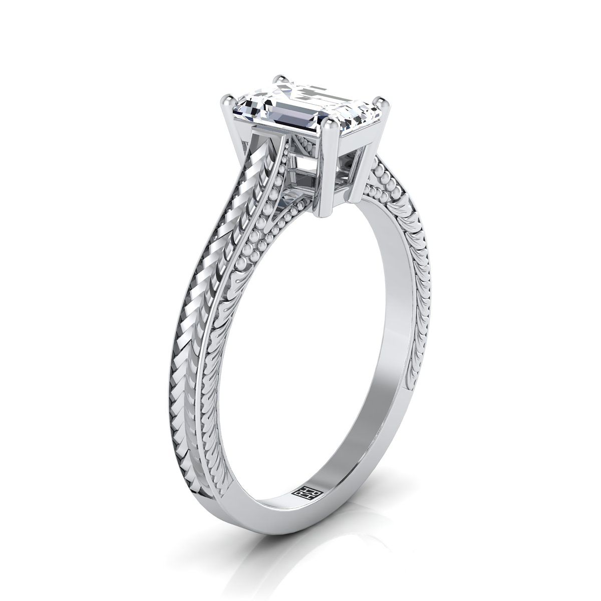 Platinum Emerald Cut  Hand Engraved Vintage Cathedral Style Solitaire Engagement Ring