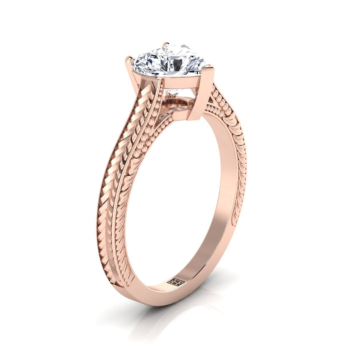 14K Rose Gold Heart Shape Center มือแกะสลักสไตล์วินเทจแหวนหมั้นเล่นไพ่คนเดียว