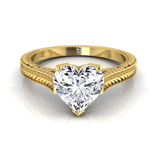 18K Yellow Gold Heart Shape Center  Hand Engraved Vintage Cathedral Style Solitaire Engagement Ring