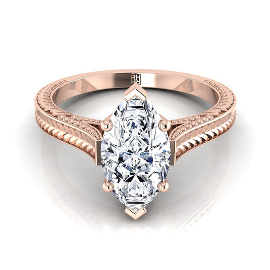 14K Rose Gold Marquise   Hand Engraved Vintage Cathedral Style Solitaire Engagement Ring