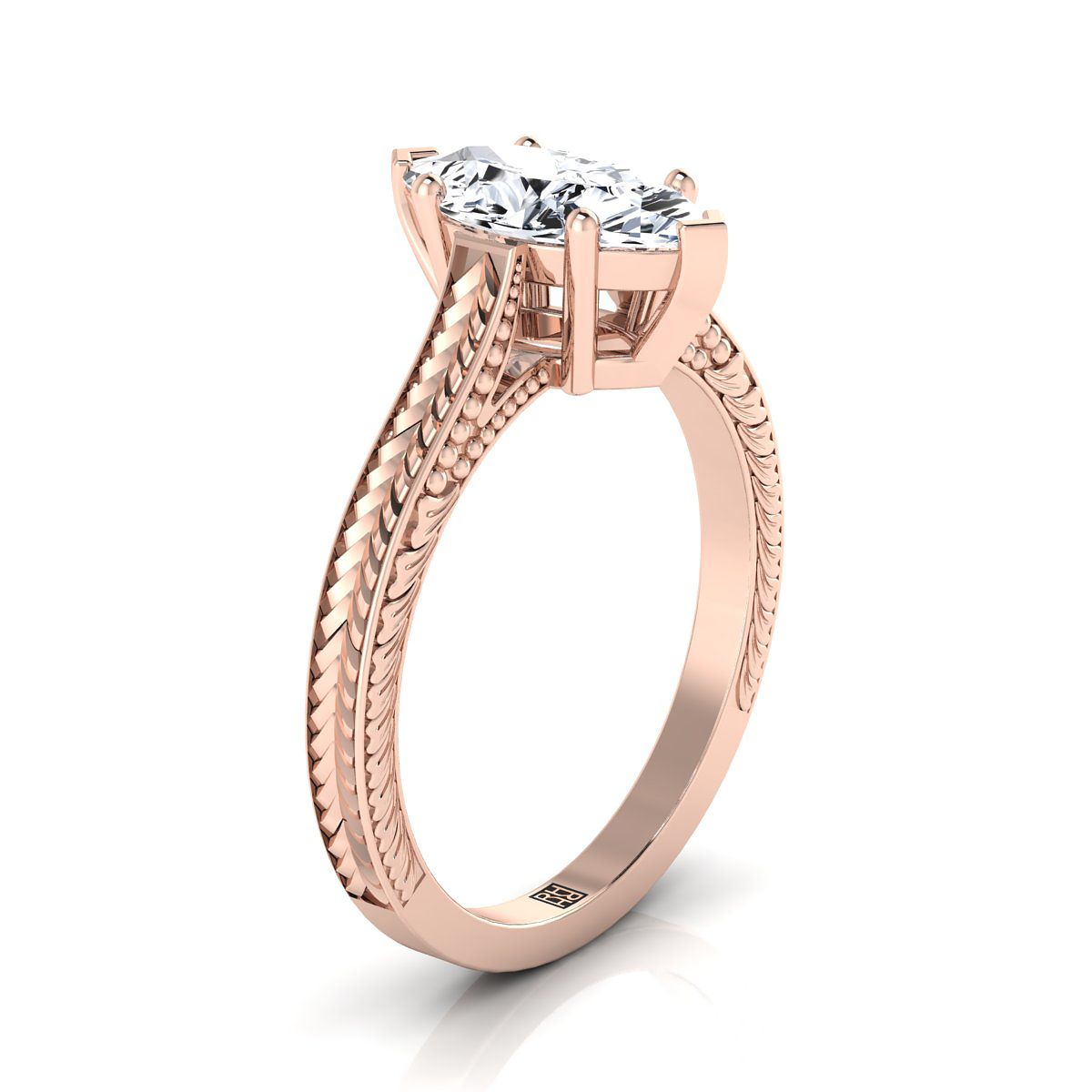 แหวนหมั้น Solitaire ทรง Marquise 14K โรสโกลด์ สลักด้วยมือสไตล์วินเทจ