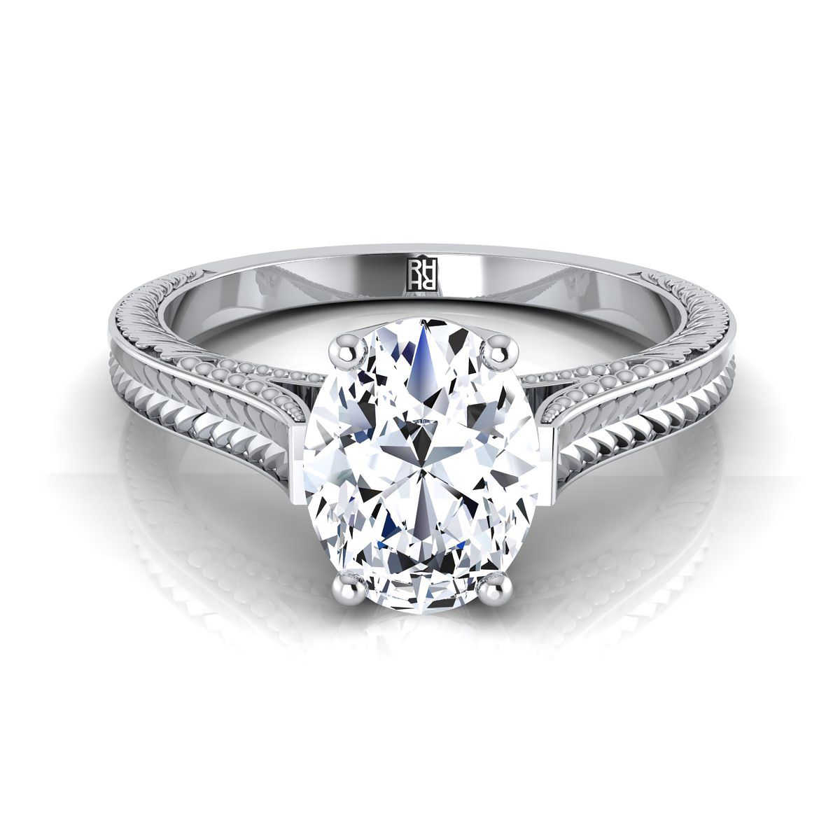 Platinum Oval  Hand Engraved Vintage Cathedral Style Solitaire Engagement Ring