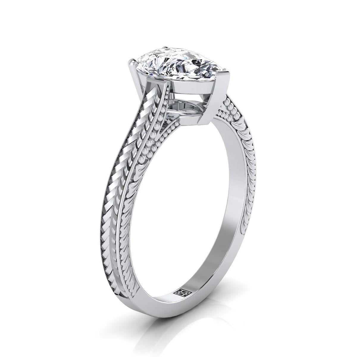 แหวนหมั้นเพชร 14K White Gold Pear Shape Center มือแกะสลักสไตล์อาสนวิหารสไตล์วินเทจ