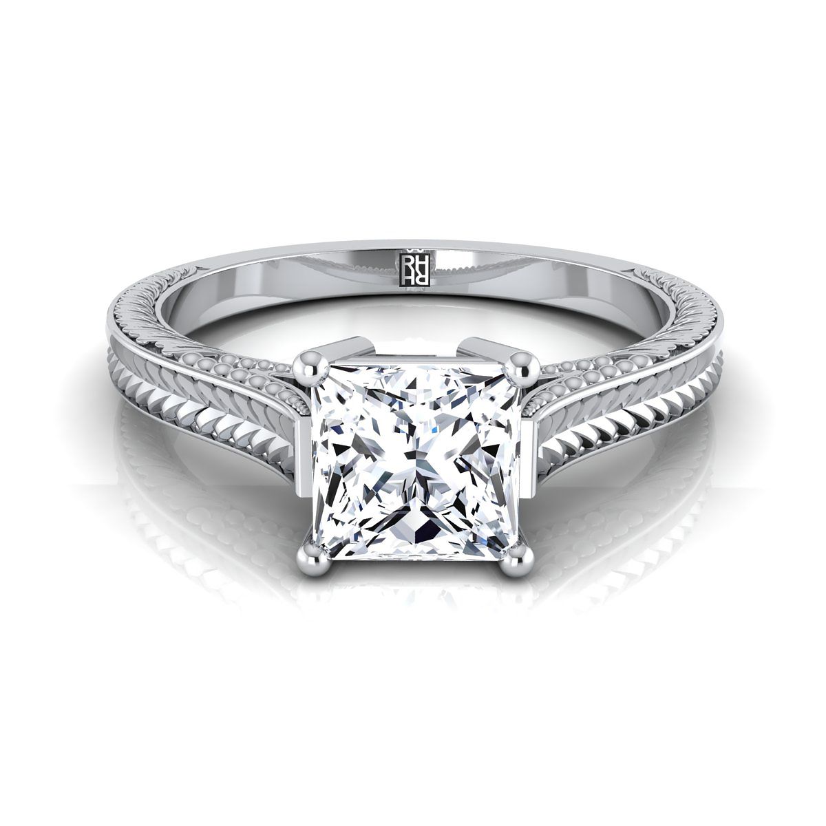 18K White Gold Princess Cut  Hand Engraved Vintage Cathedral Style Solitaire Engagement Ring