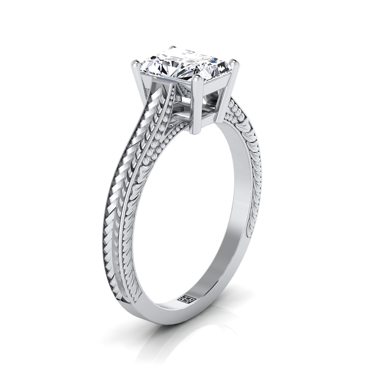 Platinum Radiant Cut Center  Hand Engraved Vintage Cathedral Style Solitaire Engagement Ring