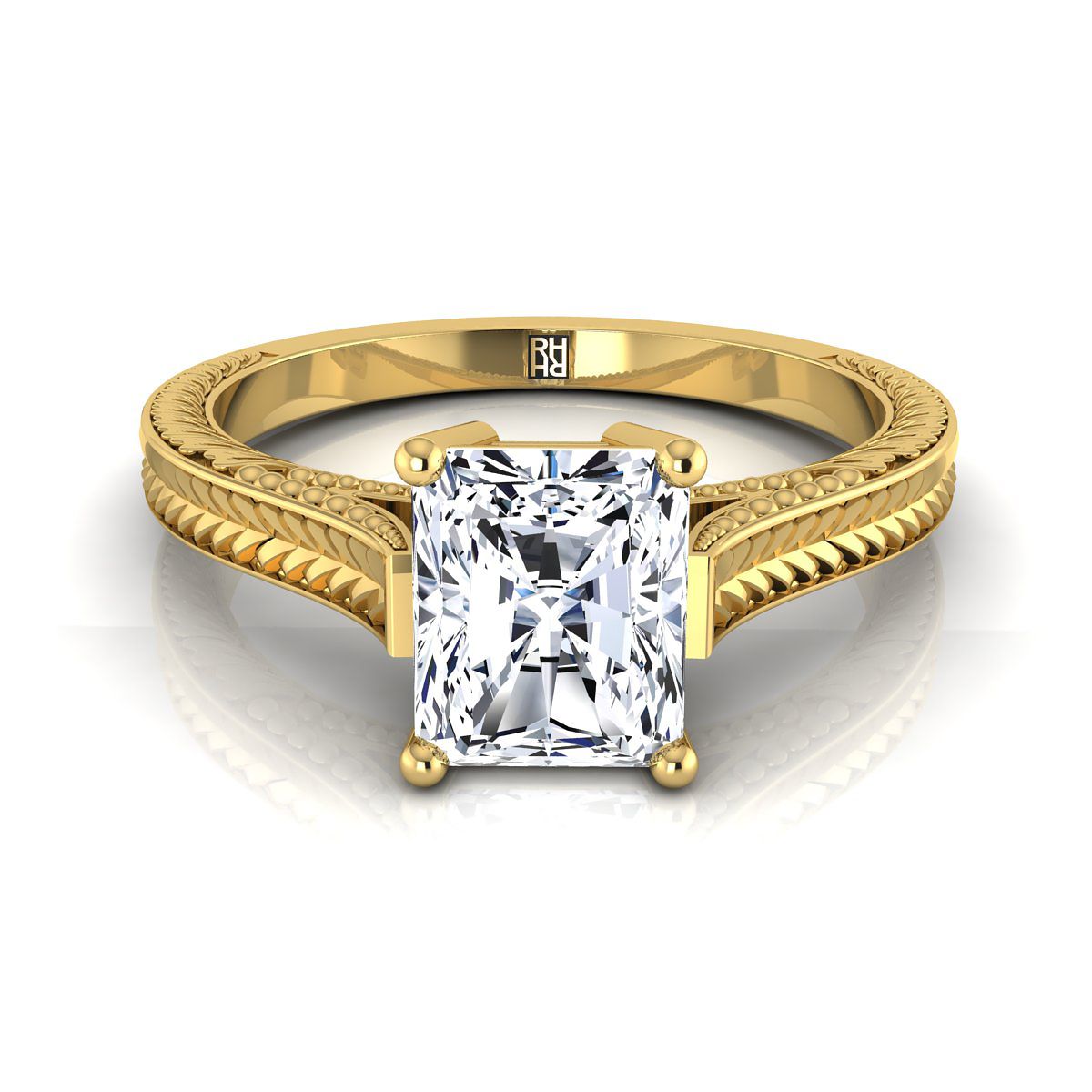18K Yellow Gold Radiant Cut Center มือแกะสลักแหวนหมั้นเล่นไพ่คนเดียวสไตล์วินเทจสไตล์อาสนวิหาร