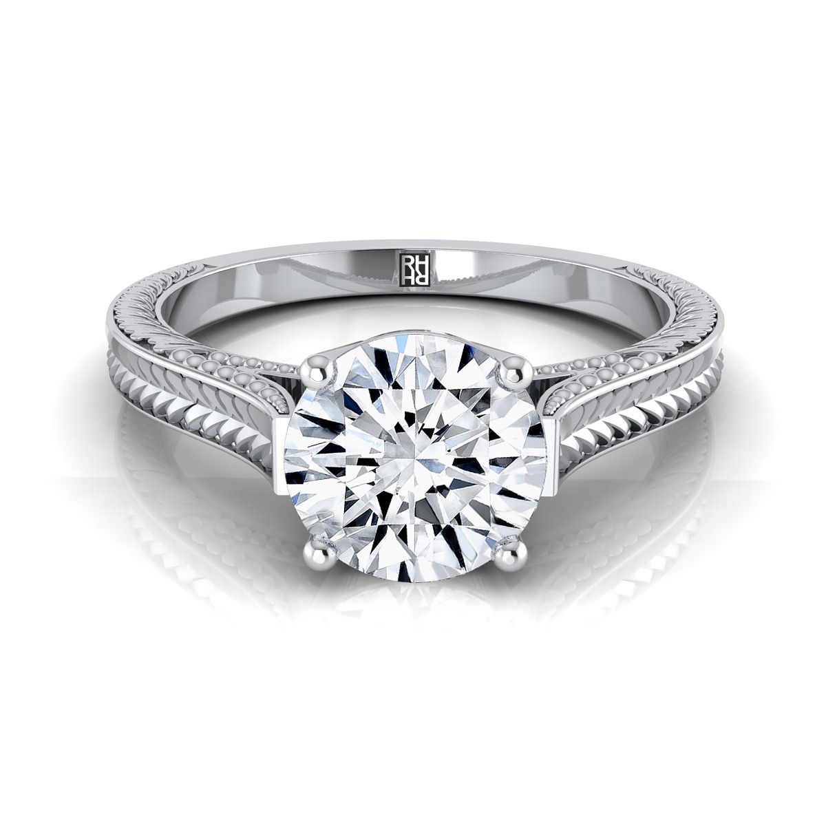 14K White Gold Round Brilliant Hand แกะสลักแหวนหมั้นเล่นไพ่คนเดียวสไตล์วินเทจสไตล์อาสนวิหาร