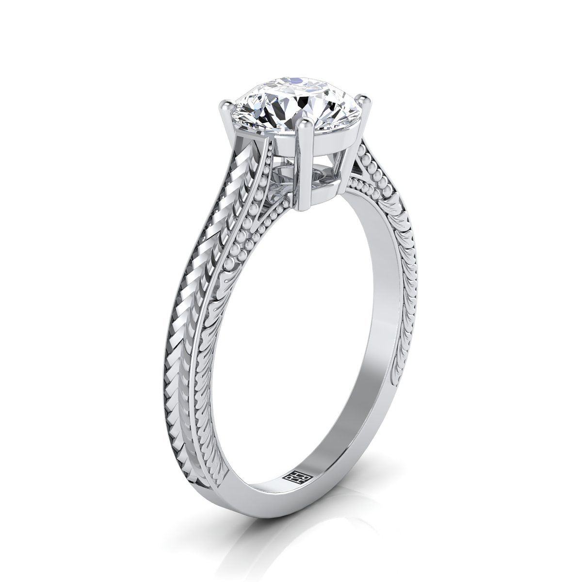 14K White Gold Round Brilliant Hand แกะสลักแหวนหมั้นเล่นไพ่คนเดียวสไตล์วินเทจสไตล์อาสนวิหาร