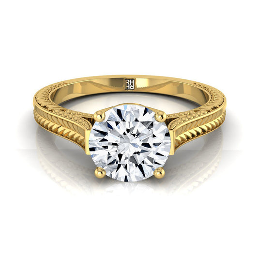 18K Yellow Gold Round Brilliant  Hand Engraved Vintage Cathedral Style Solitaire Engagement Ring