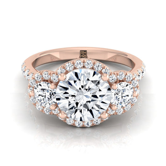 14K Rose Gold Round Brilliant Diamond อมตะสามหิน Halo พร้อมแหวนหมั้นฝรั่งเศส -3/4ctw