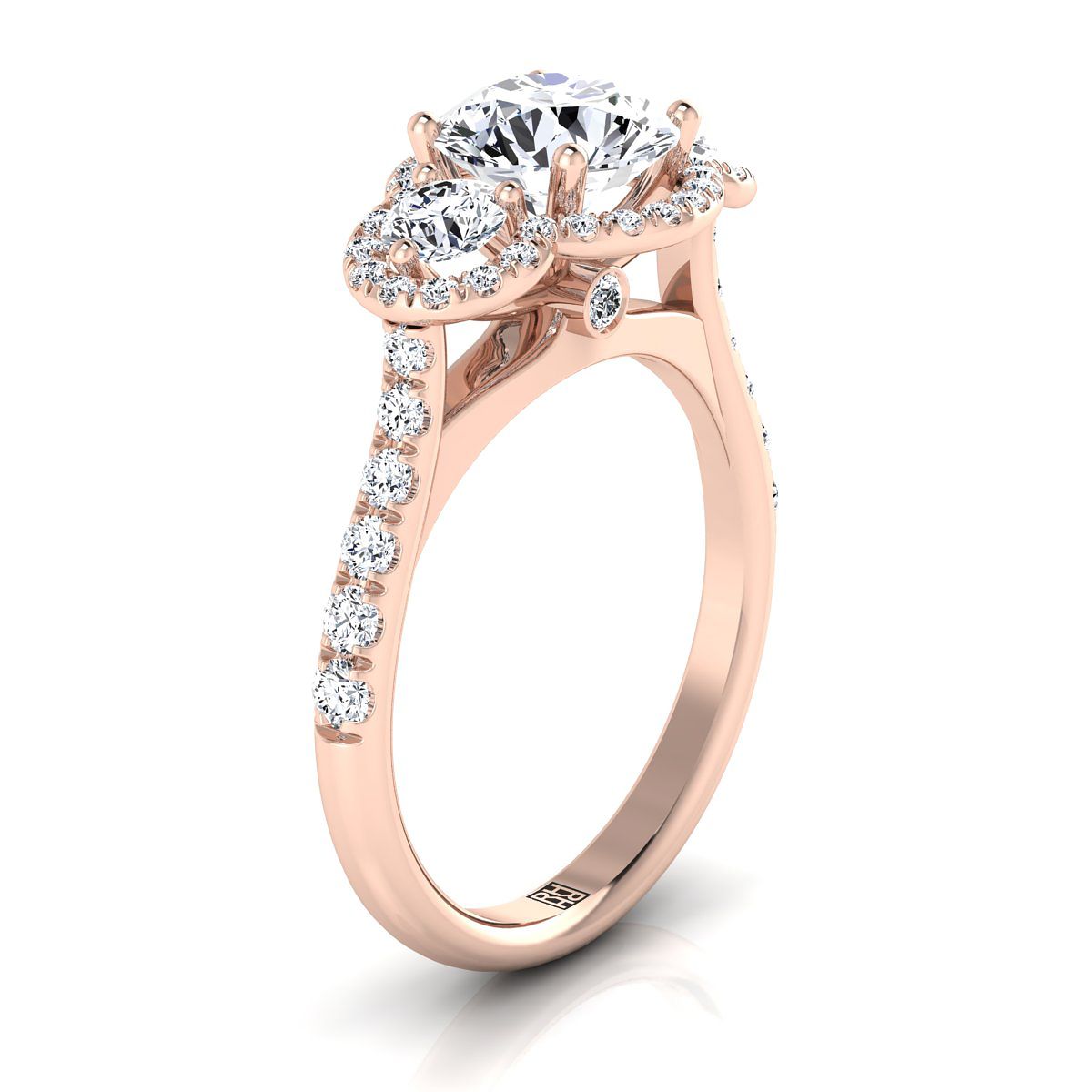 14K Rose Gold Round Brilliant Diamond อมตะสามหิน Halo พร้อมแหวนหมั้นฝรั่งเศส -3/4ctw