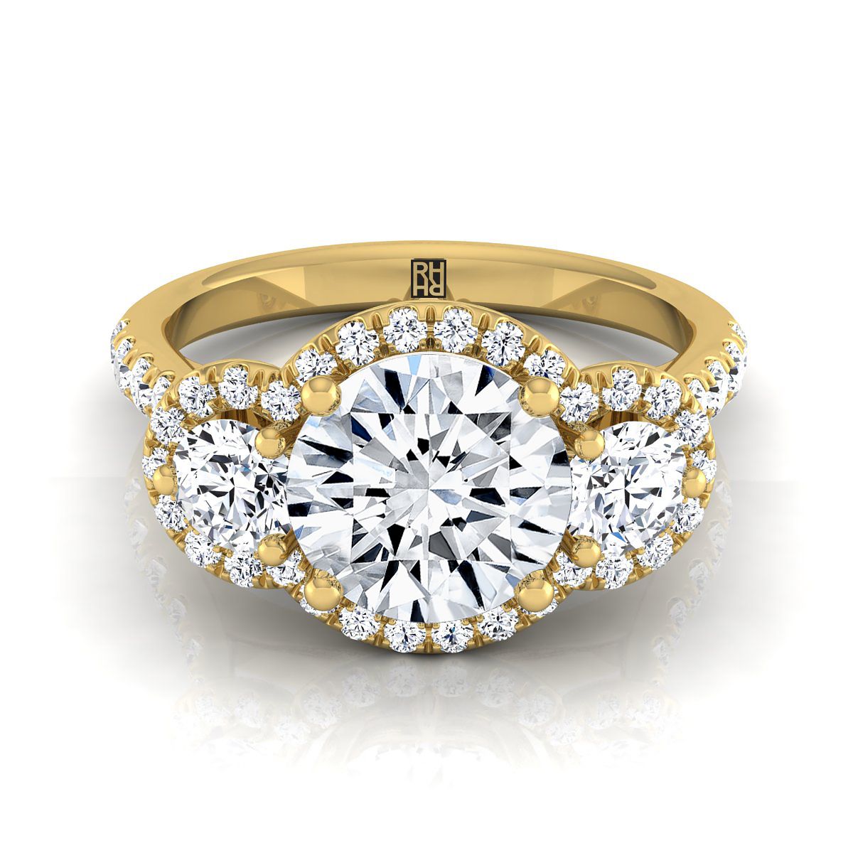 14K Yellow Gold Round Brilliant Diamond อมตะสามหิน Halo พร้อมแหวนหมั้นฝรั่งเศส -3/4ctw