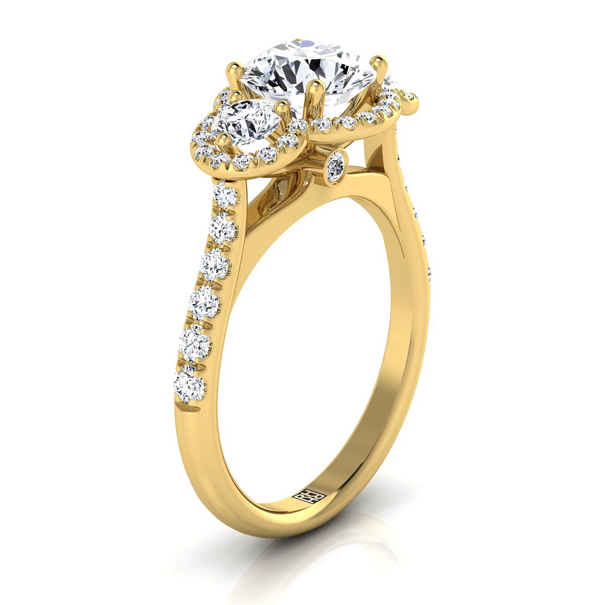 18K Yellow Gold Round Brilliant Diamond อมตะสามหิน Halo พร้อมแหวนหมั้นฝรั่งเศส -3/4ctw