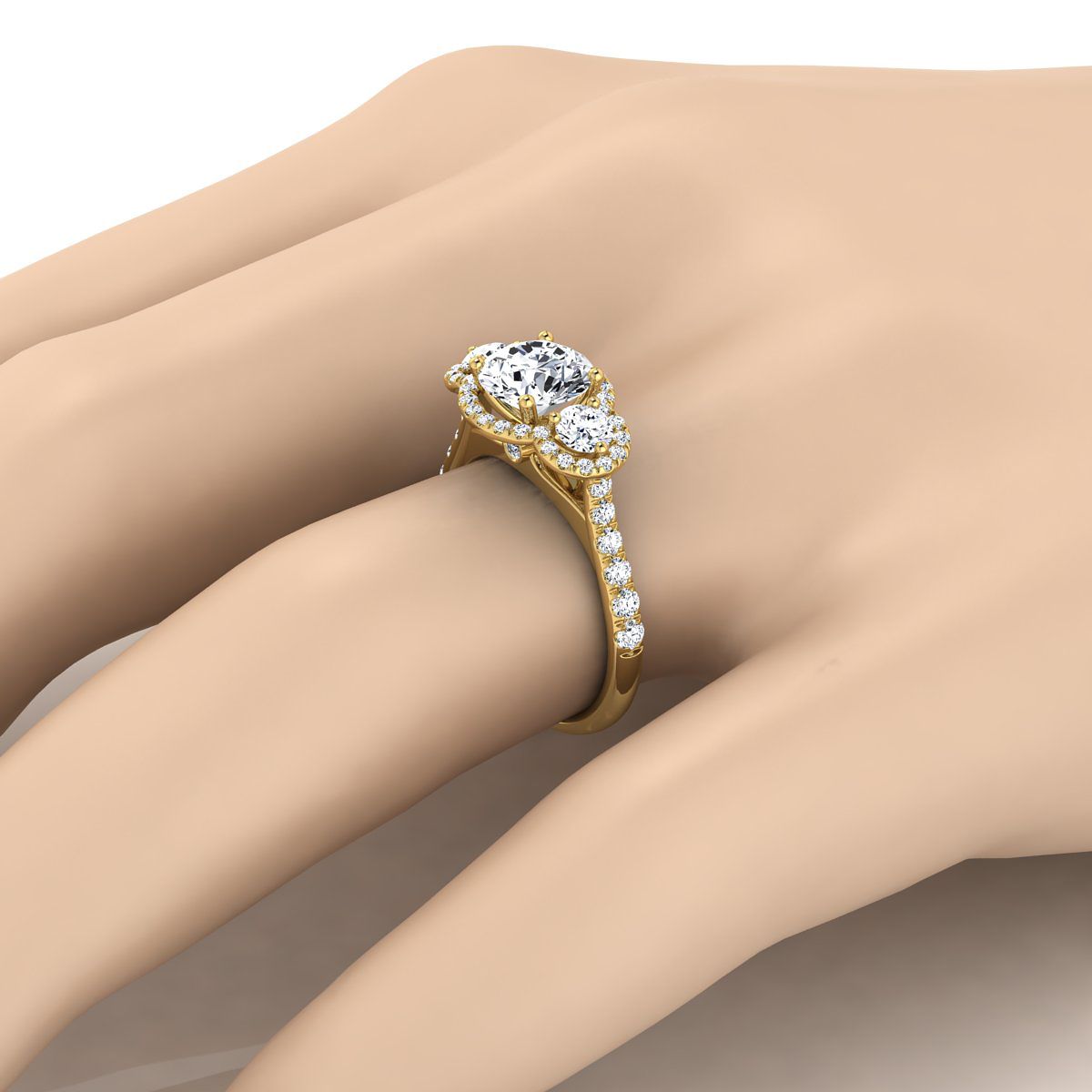 18K Yellow Gold Round Brilliant Diamond อมตะสามหิน Halo พร้อมแหวนหมั้นฝรั่งเศส -3/4ctw