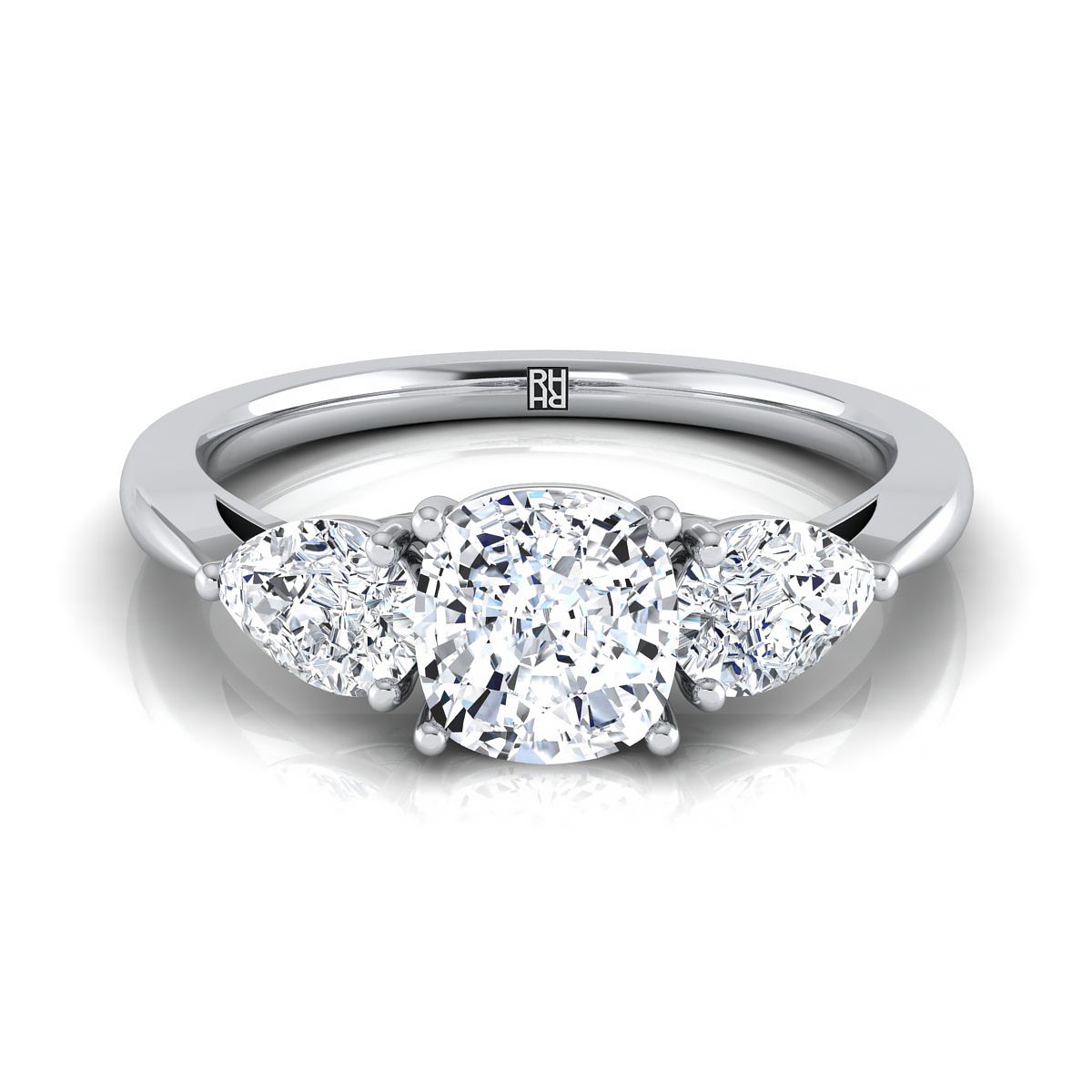 Platinum Cushion Diamond Perfectly Matched Pear Shaped Three Diamond Engagement Ring -7/8ctw