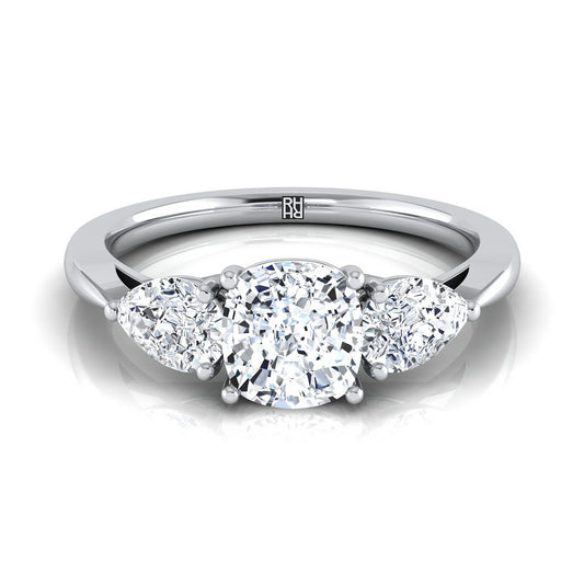 18K White Gold Cushion Diamond Perfectly Matched Pear Shaped Three Diamond Engagement Ring -7/8ctw