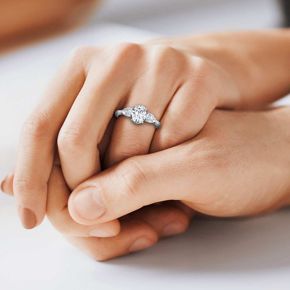18K White Gold Oval Diamond Perfectly Matched Pear Shaped Three Diamond Engagement Ring 7 8ctw