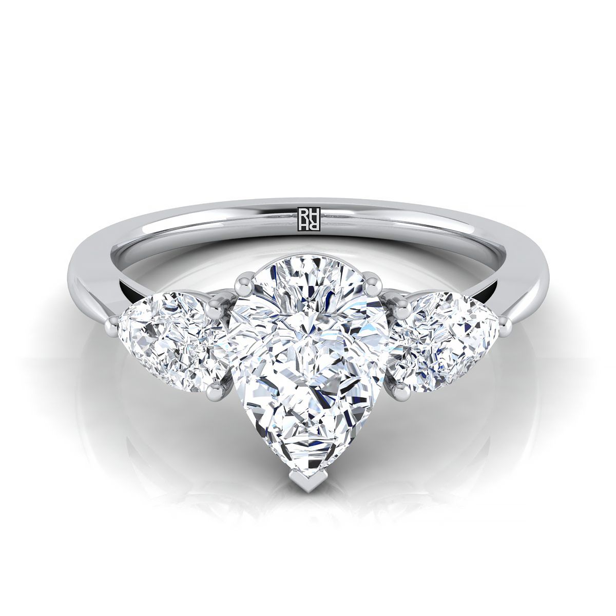 18K White Gold Pear Shape Center Diamond Perfectly Matched Pear Shaped Three Diamond Engagement Ring -7/8ctw