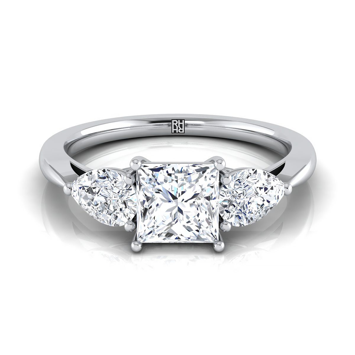18K White Gold Princess Cut Diamond Perfectly Matched Pear Shaped Three Diamond Engagement Ring -7/8ctw