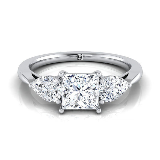 18K White Gold Princess Cut Diamond Perfectly Matched Pear Shaped Three Diamond Engagement Ring -7/8ctw