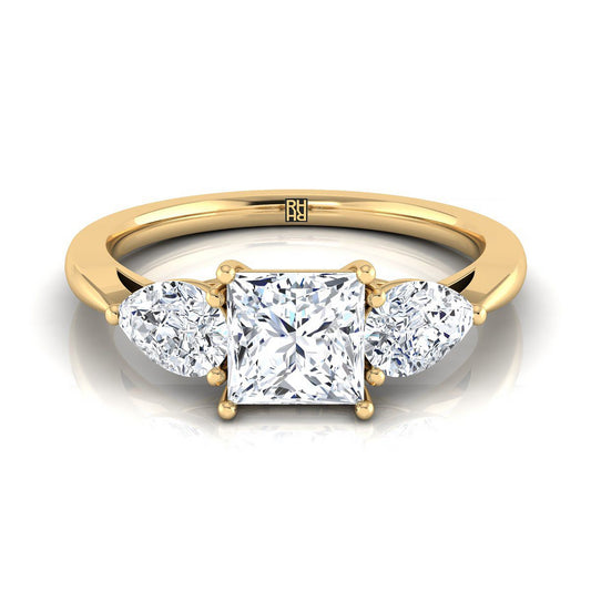 18K Yellow Gold Princess Cut Diamond Perfectly Matched Pear Shaped Three Diamond Engagement Ring -7/8ctw