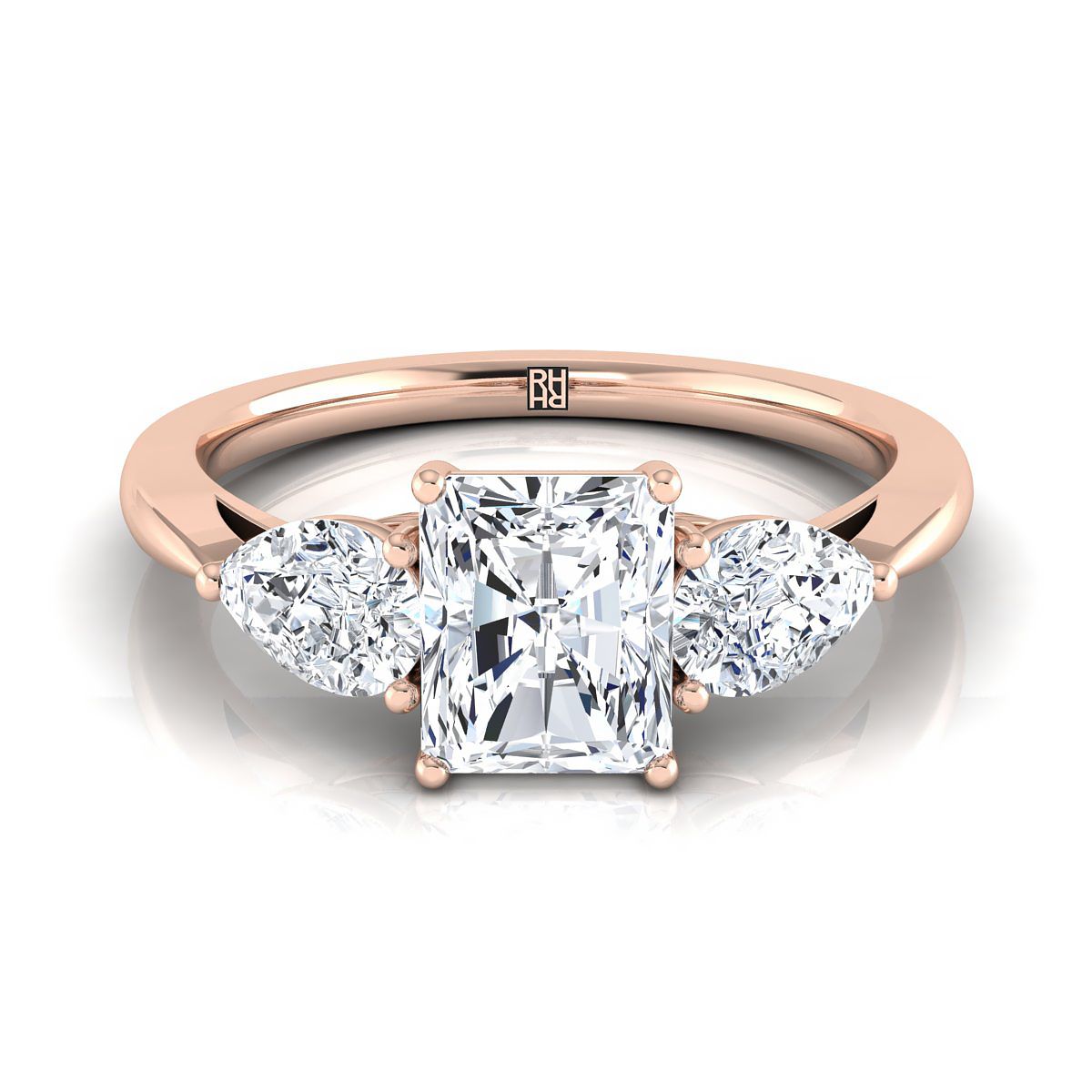14K Rose Gold Radiant Cut Center Diamond Perfectly Matched Pear Shaped Three Diamond Engagement Ring -7/8ctw