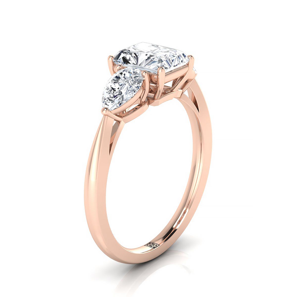 14K Rose Gold Radiant Cut Center Diamond Perfectly Matched Pear Shaped Three Diamond Engagement Ring -7/8ctw