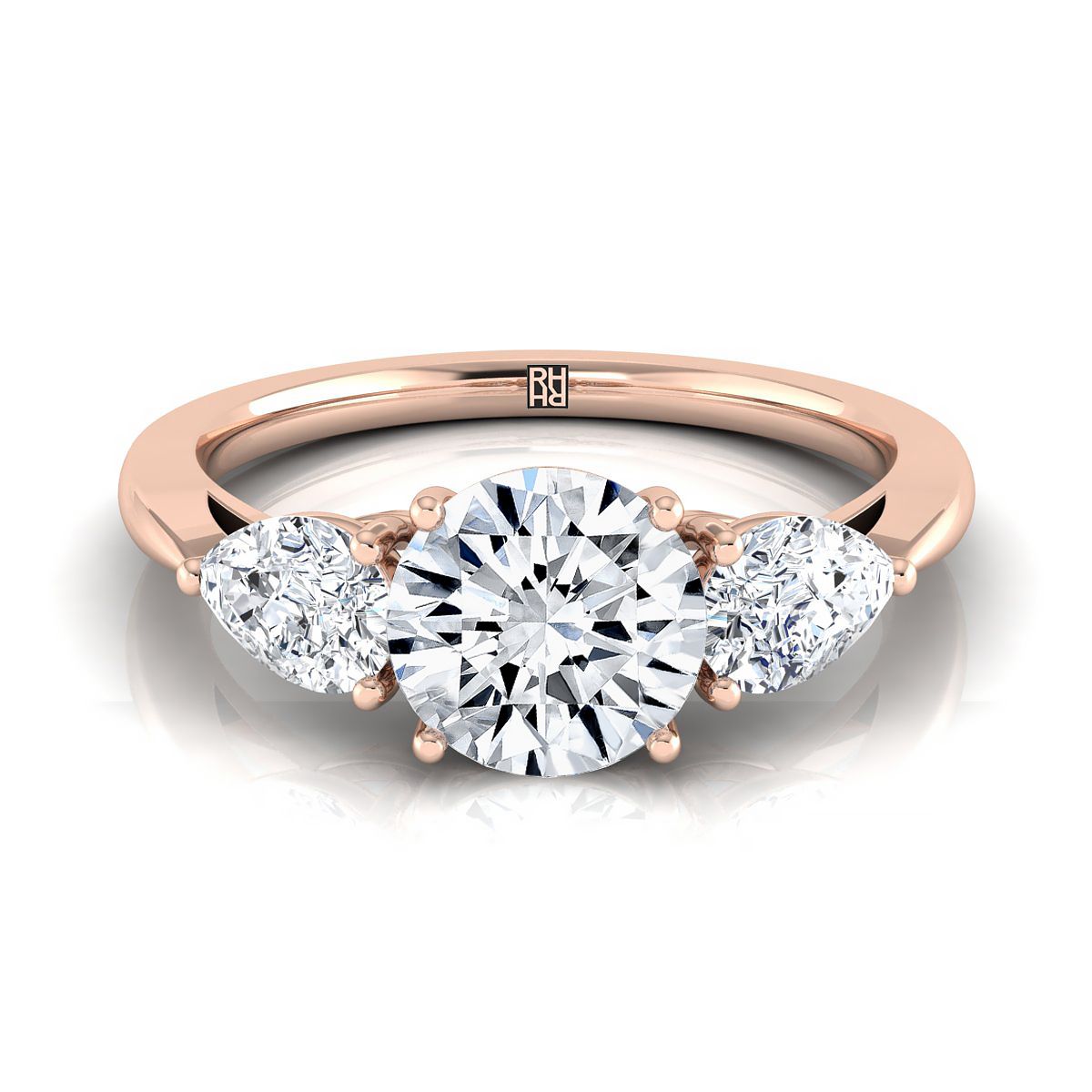 14K Rose Gold Round Brilliant Diamond จับคู่อย่างสมบูรณ์แบบแหวนหมั้นเพชรรูปลูกแพร์สาม -7/8ctw