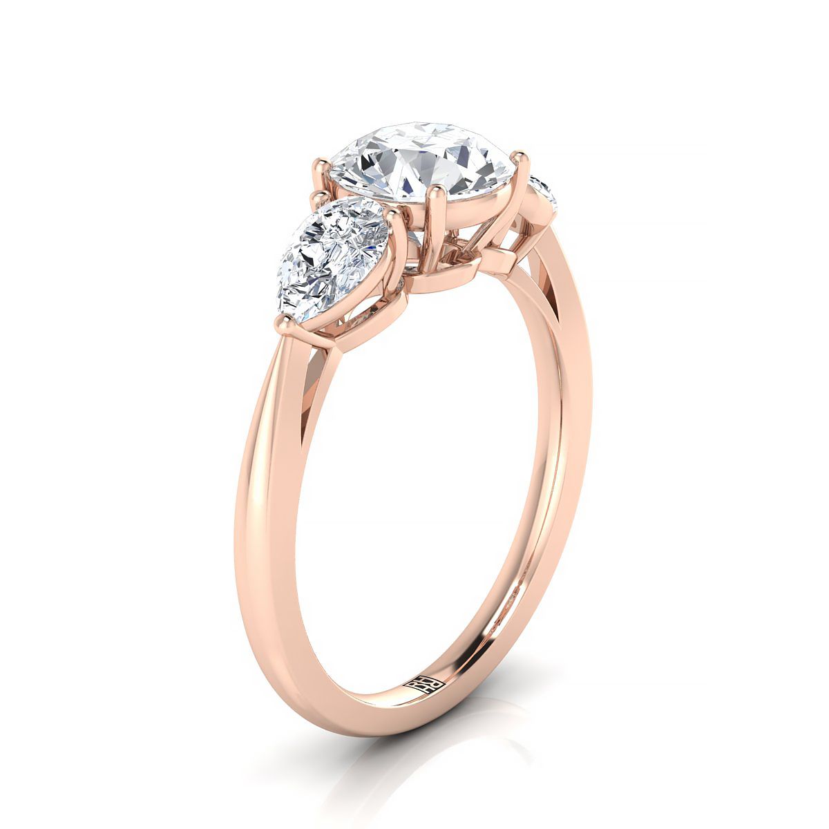 14K Rose Gold Round Brilliant Diamond จับคู่อย่างสมบูรณ์แบบแหวนหมั้นเพชรรูปลูกแพร์สาม -7/8ctw