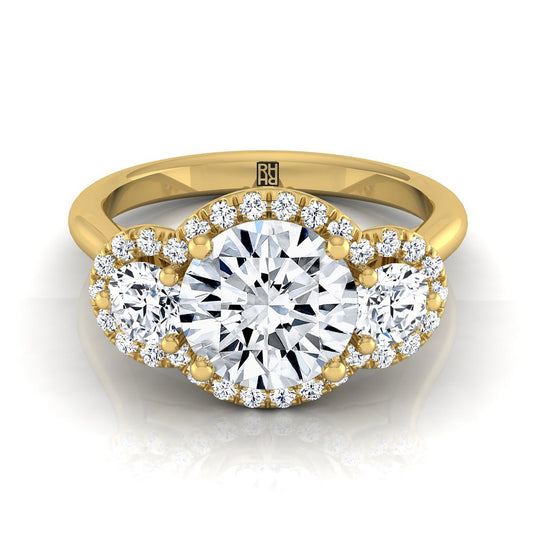 14K Yellow Gold Round Brilliant Diamond French Pave Diamond Three Stone Engagement Ring -1/2ctw