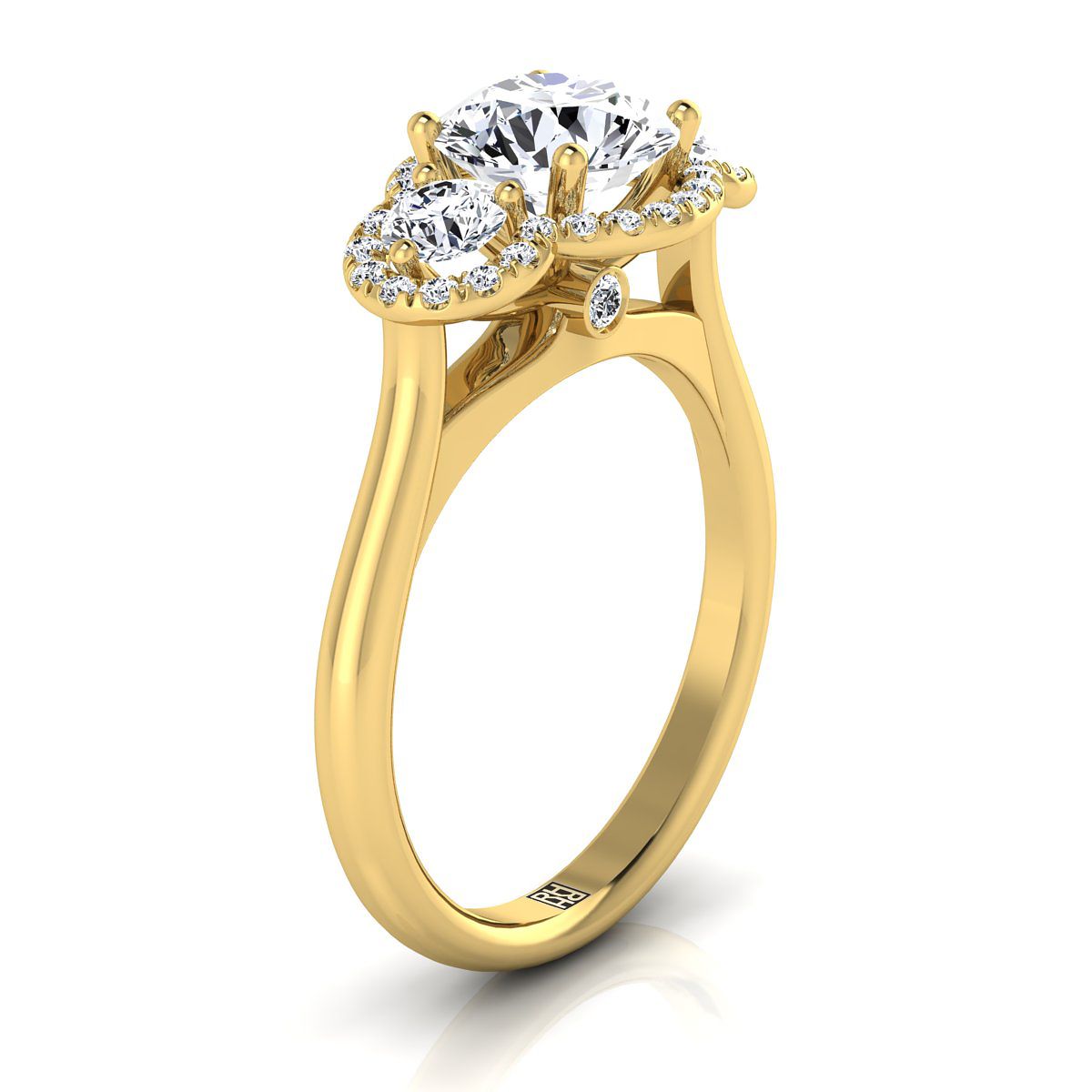 14K Yellow Gold Round Brilliant Diamond French Pave Diamond Three Stone Engagement Ring -1/2ctw