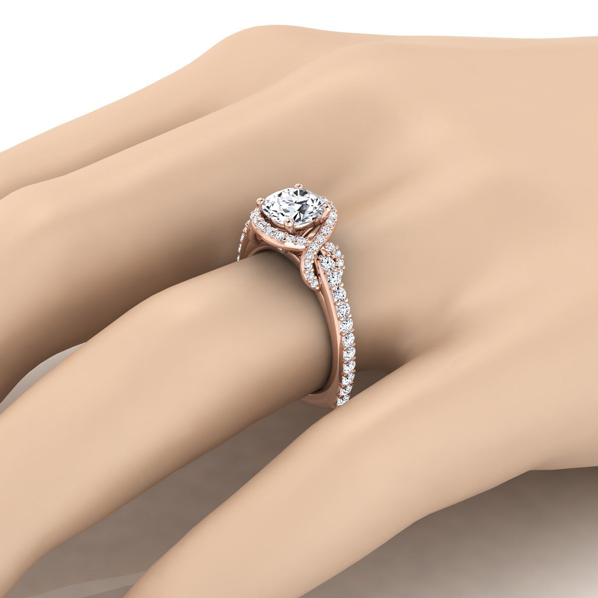 14K Rose Gold Round Brilliant Diamond French Pave Graceful Love Knot แหวนหมั้น -5/8ctw