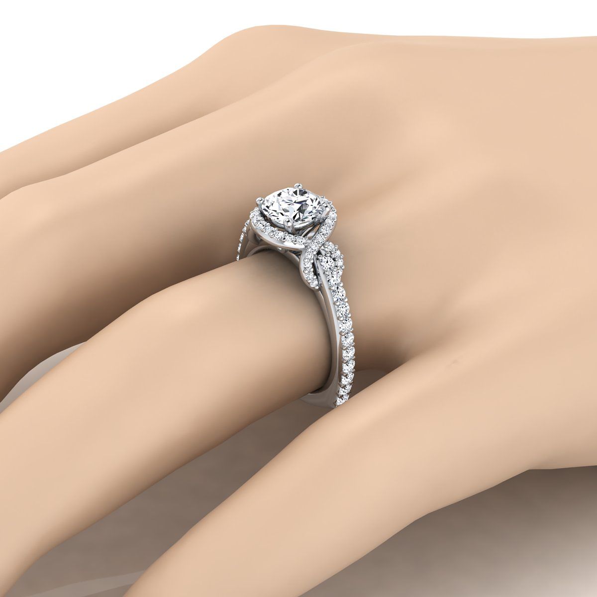 18K White Gold Round Brilliant Diamond French Pave Graceful Love Knot แหวนหมั้น -5/8ctw