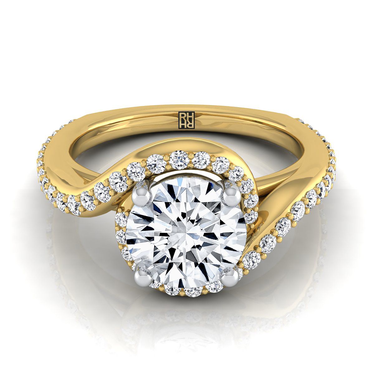 14K Yellow Gold Round Brilliant Diamond Pave Halo Twist Swirl Engagement Ring -1/2ctw