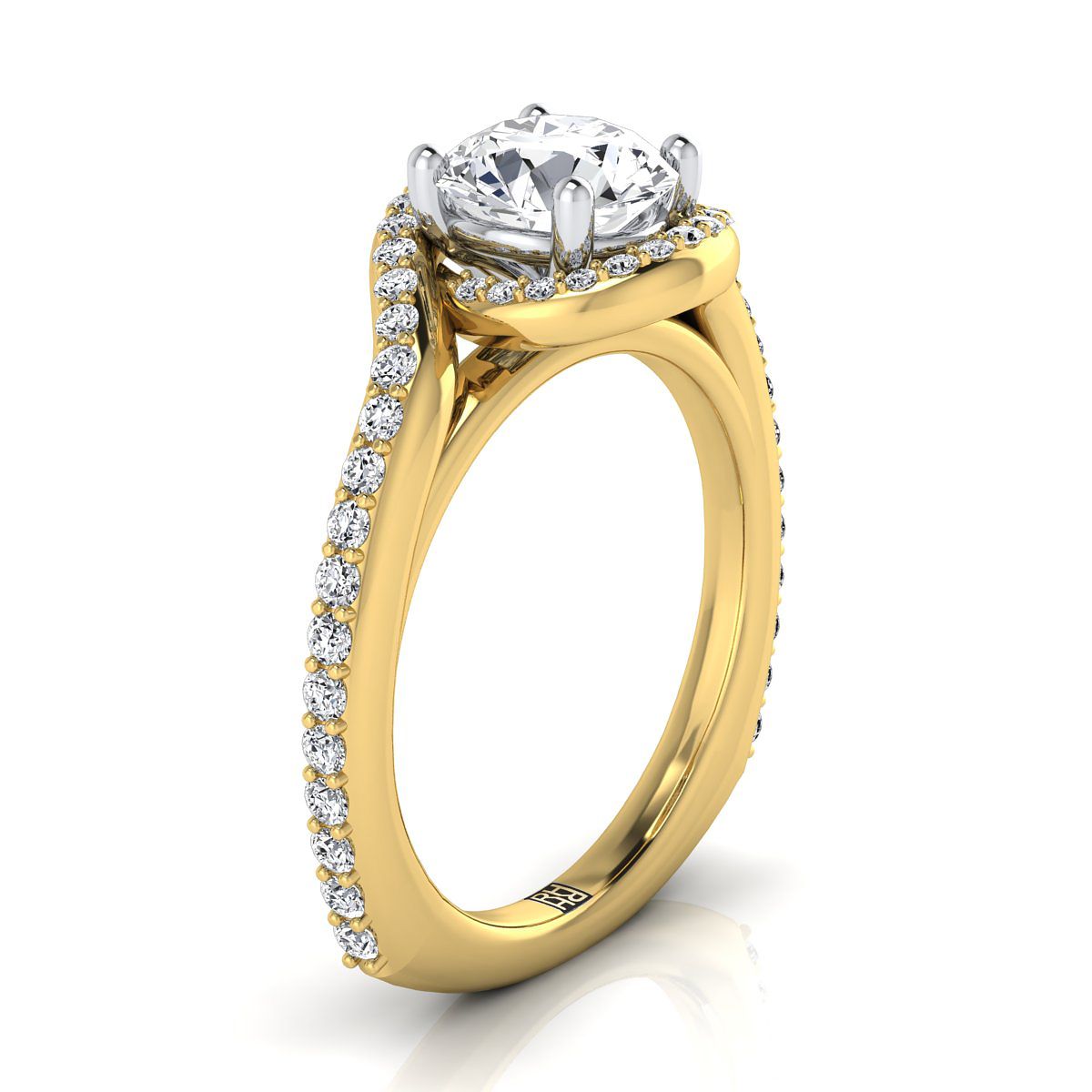 14K Yellow Gold Round Brilliant Diamond Pave Halo Twist Swirl Engagement Ring -1/2ctw