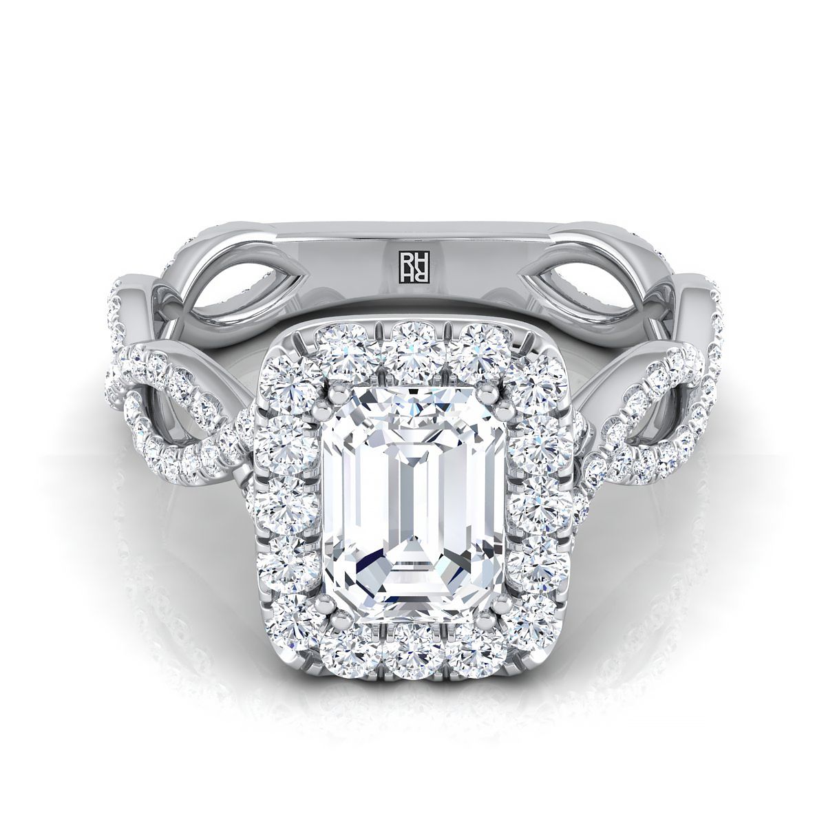 18K White Gold Emerald Cut Diamond Ribbon Twist French Pave Halo Engagement Ring -3/4ctw