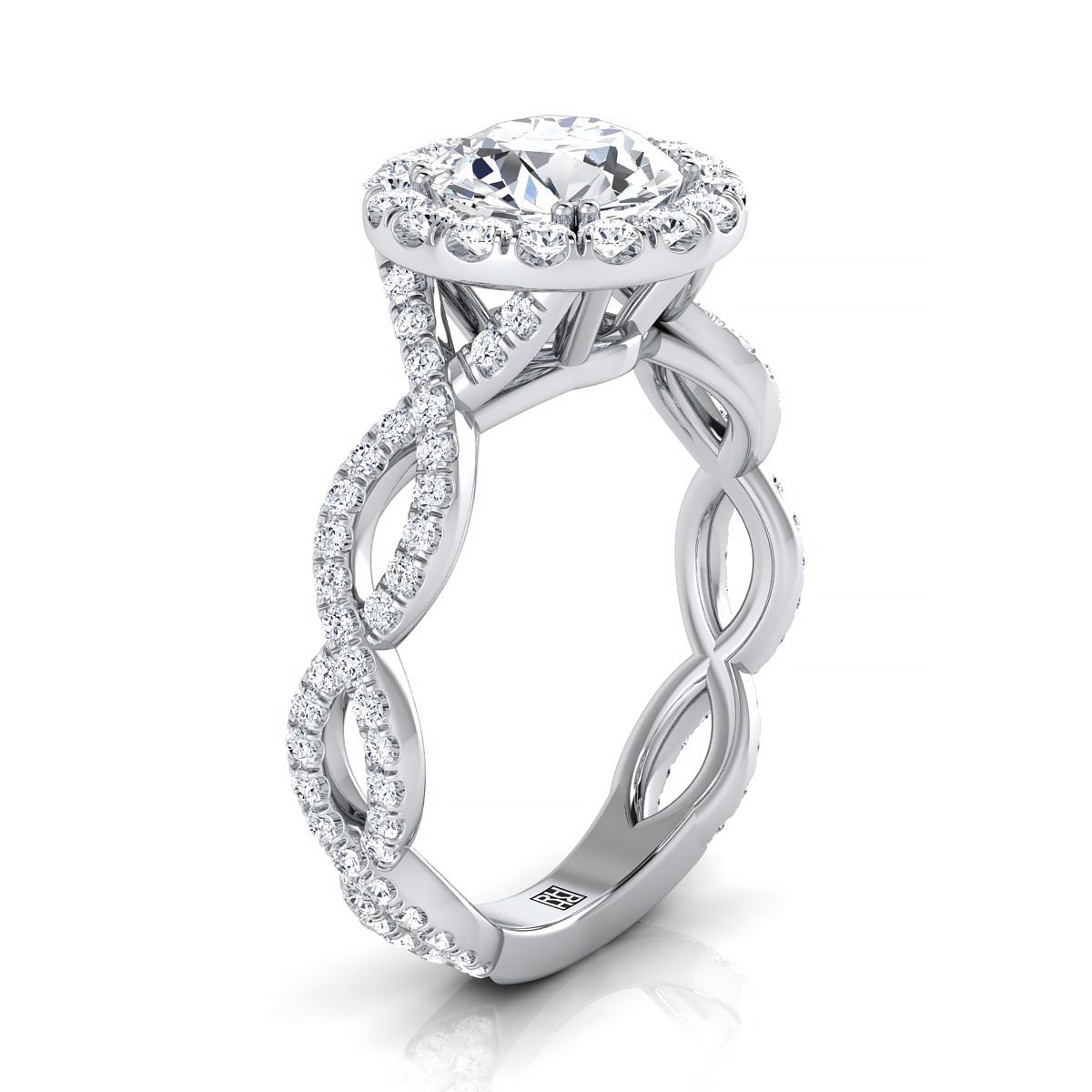 14K White Gold Round Brilliant Diamond Ribbon Twist French Pave Halo Engagement Ring -3/4ctw