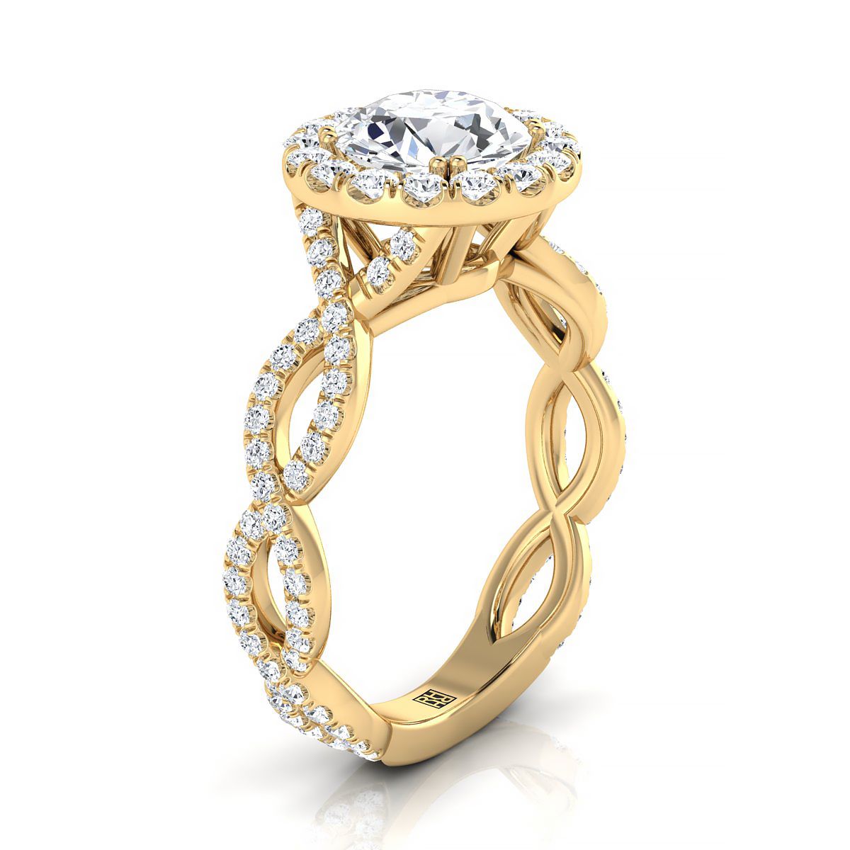 18K Yellow Gold Round Brilliant Diamond Ribbon Twist French Pave Halo Engagement Ring -3/4ctw