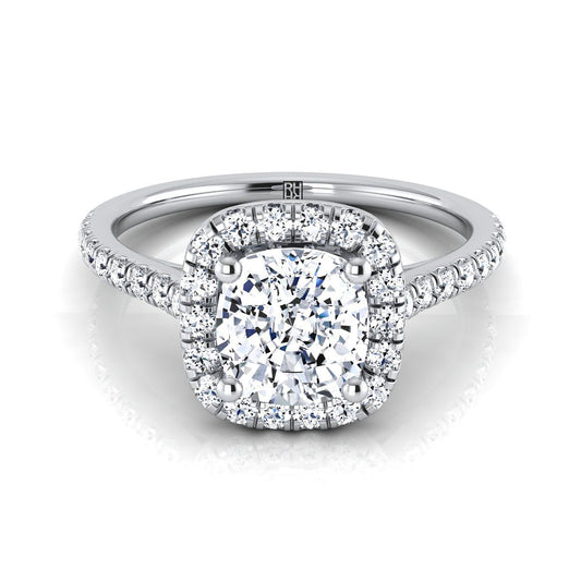 18K White Gold Cushion Diamond Pave Halo Engagement Ring -1/3ctw