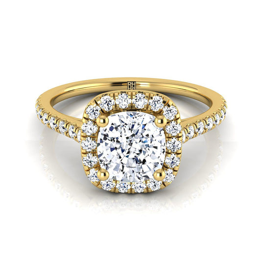 18K Yellow Gold Cushion Diamond Pave Halo Engagement Ring -1/3ctw