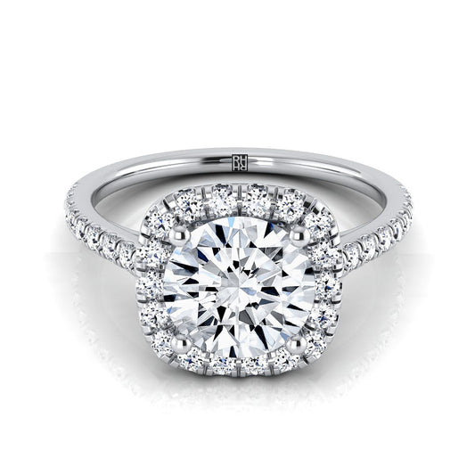 18K White Gold Round Brilliant Diamond Pave Halo Engagement Ring -1/3ctw